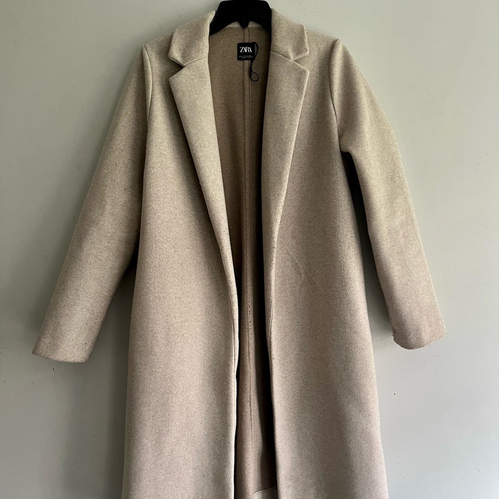Zara Beige Long Wool-Blend Trench Coat